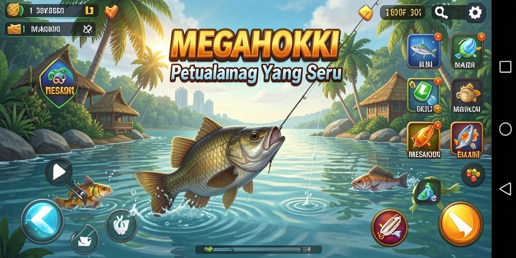 Tampilan gameplay seru di MEGAHOKI dengan berbagai jenis ikan.