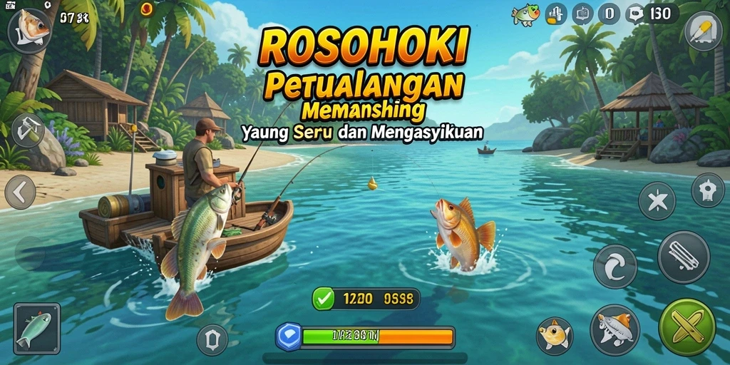 Tampilan gameplay ROSOHOKI yang menakjubkan saat memancing di laut.